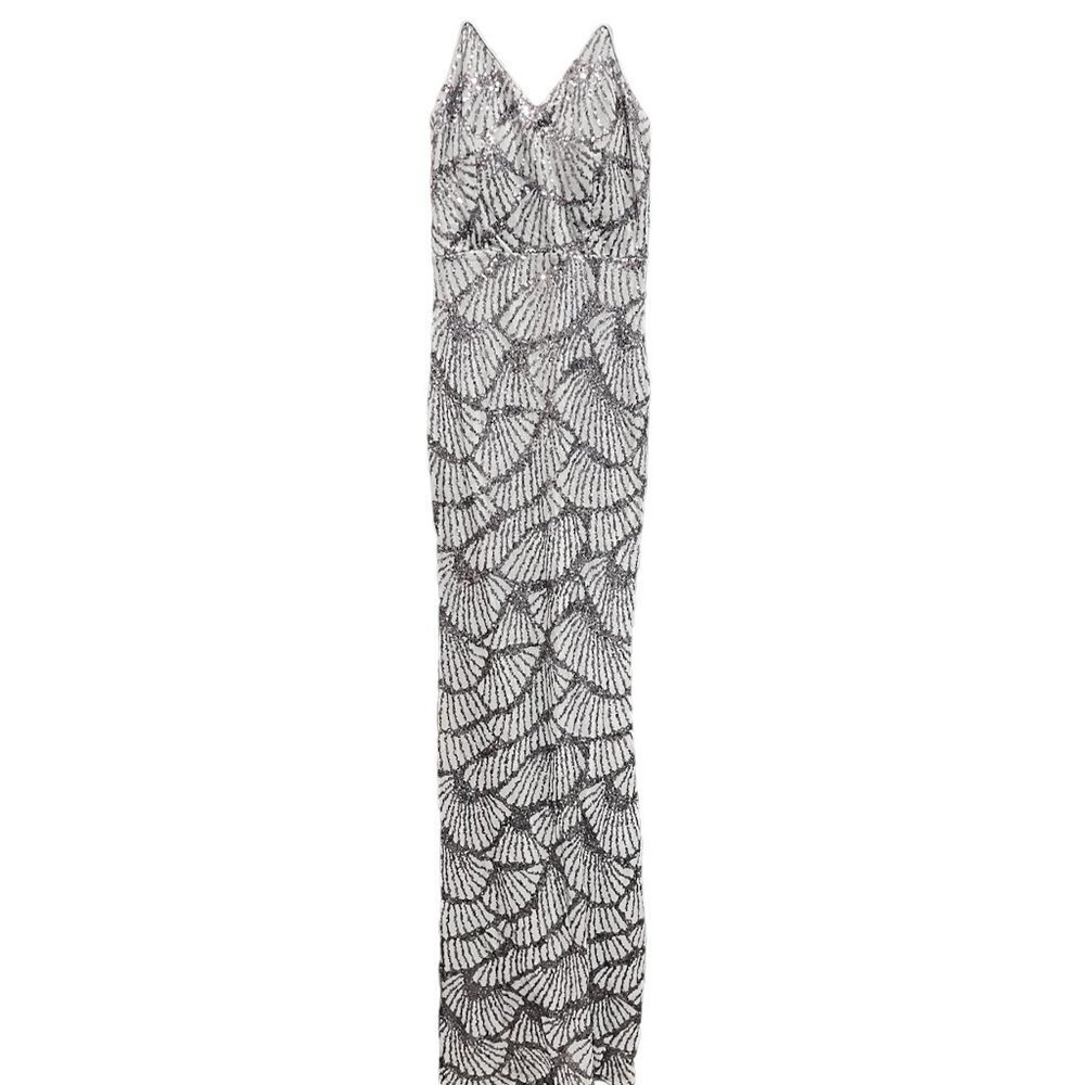 NWT‎ Miss ORD Maxi Silver Sequins Dress Sz M Spaghetti Straps V Neck Elegant